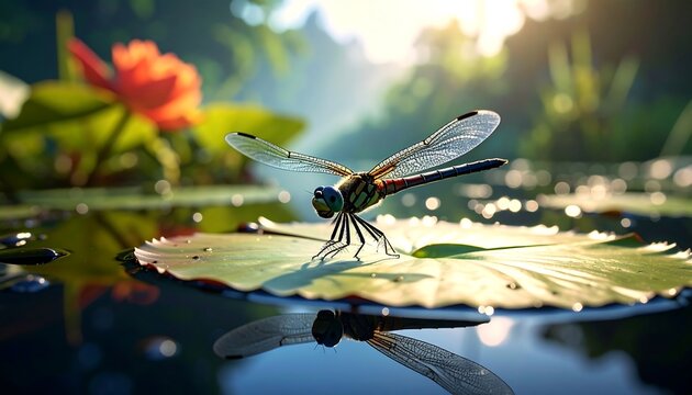 A detailed, vibrant shot of a dragonfly perched on a lily pad, showcasing iridescent wings. The water reflects the dragonfly. Sunlight illuminates the scene