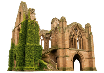 Isolated ruined medieval abbey, historical landmark overgrown with ivy, aged architecture