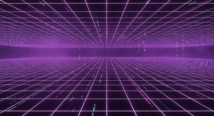 Futuristic digital grid with vibrant purple neon lights representing data flow and virtual reality for modern technology concepts