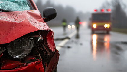 A vehicle in an accident. Car crash scene with a red vehicle with front end damage. Emergency services are on scene, blurred in the background on the wet road.
