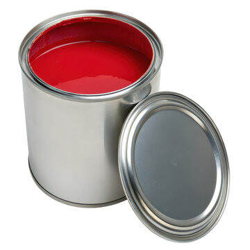Open can of red paint with lid isolated on transparent background