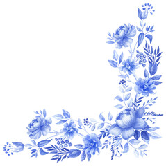 Chinoiserie border, watercolor blue flower frame, porcelain flower