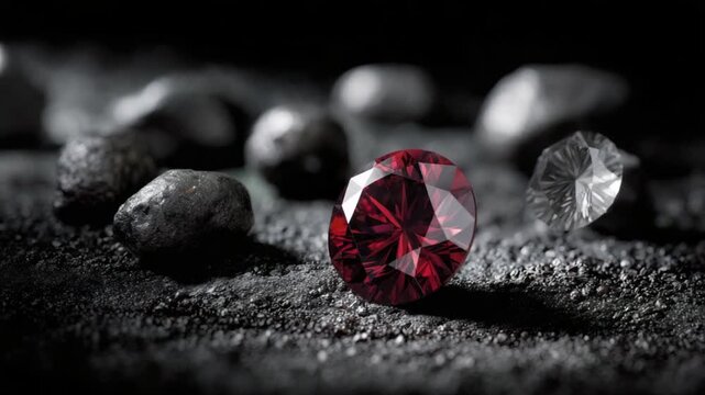 A faceted red gem, other gems, and rough stones rest on a dark, gritty surface