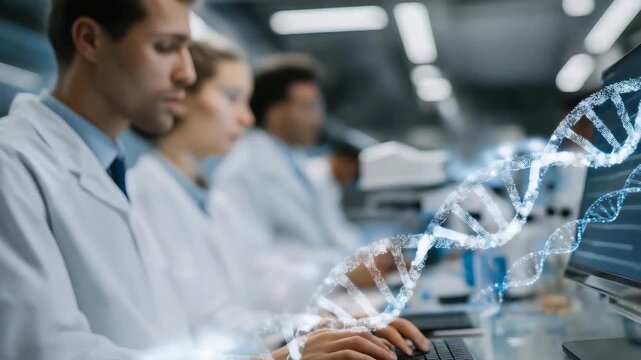 Scientists working in futuristic biotechnology environment with glowing DNA sequencing holograms projected above sleek lab equipment, representing molecular science, healthcare transformation, and