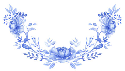Chinoiserie border, watercolor blue flower frame, porcelain flower