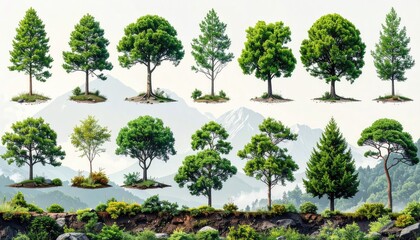 Collection of Lush Green Trees Against Misty Mountain Background