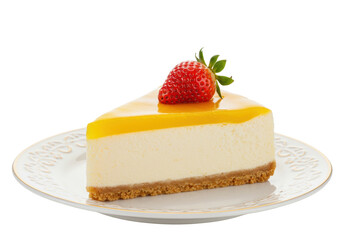 Isolated slice of cheesecake with a strawberry on plate, creamy dessert on a plate sweet treat