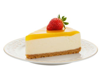 Isolated slice of cheesecake with a strawberry on plate, creamy dessert on a plate sweet treat
