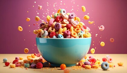 Colorful Cereal Rings in Teal Bowl Exploding