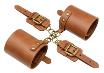 Isolated brown leather restraints with chain link connection for BDSM use or fashion accessory