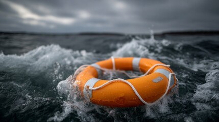 A bright orange lifebuoy is seen drifting in turbulent waters as waves crash around it. The sky is overcast, creating a dramatic and intense atmosphere typical of a stormy evening at sea