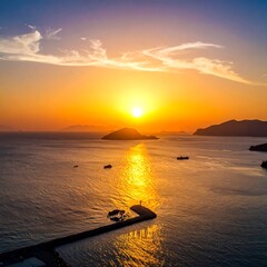 Orange sunset over the sea with a pier in the foreground