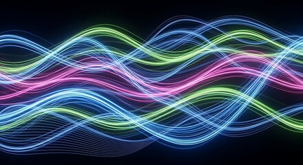 Dynamic neon light waves in vibrant colors create a stunning visual effect, perfect for modern design and technology concepts
