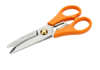 Isolated orange handled shears on blank backdrop offering cutting edge precision tool for work