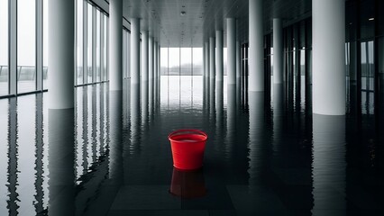Red Bucket on Flooded Shiny Floor in Modern Building Interior