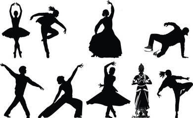 Silhouettes of dancers in various poses, ballet, breakdance, contemporary, Indian classical, martial arts fusion, cultural diversity, expressive movement, choreography