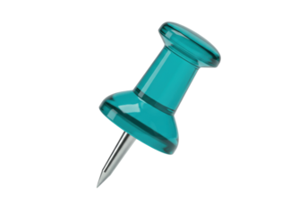 Isolated teal pushpin stands vertically at an angle ready for insertion and use for paper on boards