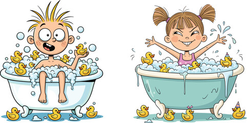 Cartoon children bubble bath, rubber ducks, playful scene, boy and girl in bathtub, fun hygiene concept, white background illustration