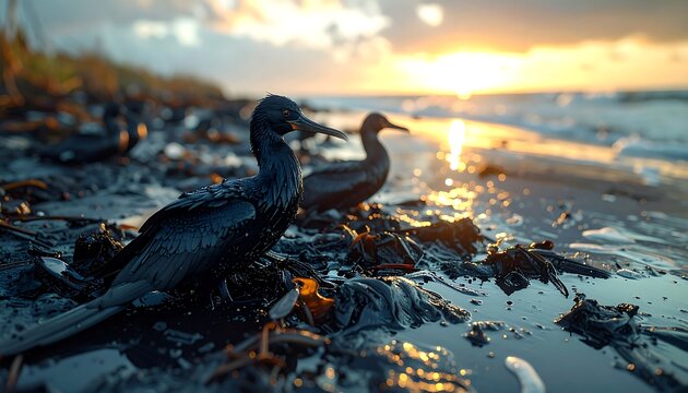 A close-up shows dark seabirds coated in oil on a polluted shoreline, the sun setting over waves. The birds stand amidst debris and water