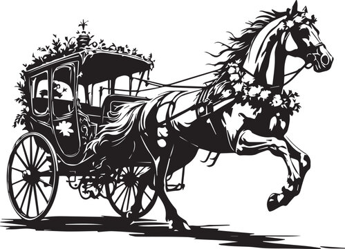 Black and white vector illustration of ornate horse-drawn hearse with floral decorations and visible casket