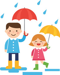 Cartoon children standing in rain with umbrellas, cheerful weather scene, rainy day fun, colorful coats and boots, white background illustration
