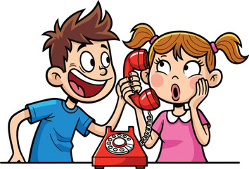 Cartoon children using rotary phone, vintage communication, smiling boy, curious girl, playful interaction, red telephone, vector illustration, childhood moment, discovery, talk