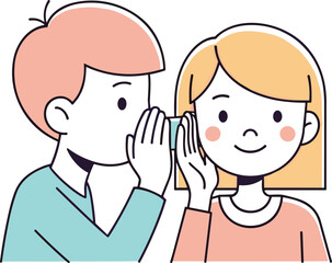 Cartoon children whispering, secret sharing moment, friendly communication, emotional expression, peach shirt, teal shirt, vector illustration, childhood interaction, trust, conversation