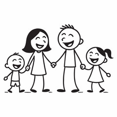 Minimalist stick figure family of four holding hands and laughing together happily