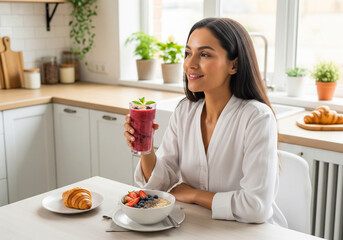 Person Enjoying Healthy Breakfast with Smoothie and Oatmeal in Bright Kitchen