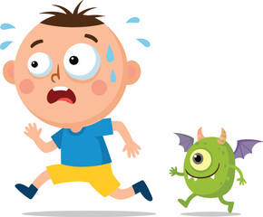 Frightened child running from green monster, cartoon fear scene, emotional reaction, funny chase moment, vector illustration, kids scared, playful danger