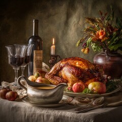 Rustic Thanksgiving Dinner with Roasted Turkey and Wine
