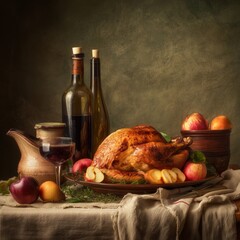 Rustic Thanksgiving Dinner with Roasted Turkey and Wine