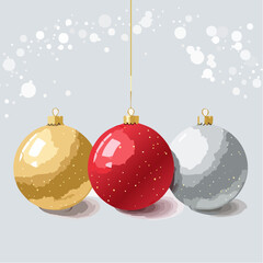 Rote, goldene und silberne Christbaumkugeln in sanften Aquarellverläufen auf hellem Hintergrund