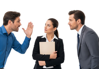 Three Business Professionals in Conversation with Expressive Gestures on White Background