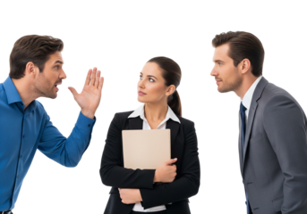 Three Business Professionals in Conversation with Expressive Gestures on White Background