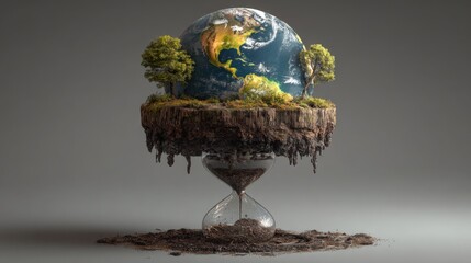 Planet Earth on Hourglass — Conceptual Environmental Artwork Depicting Time Running Out for Nature and Climate Change Awareness