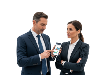 Two Business Professionals Reviewing Data on Smartphone with Charts on White Background