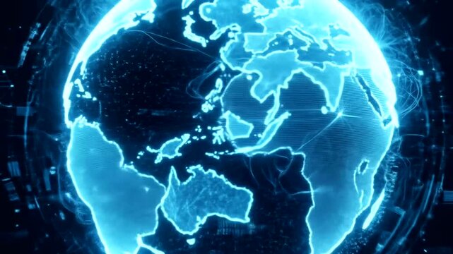 Digital map projection showcasing global connectivity and data flow
