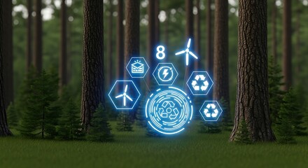 Eco-friendly concept with renewable energy and recycling symbols in a lush forest setting, perfect for sustainability campaigns