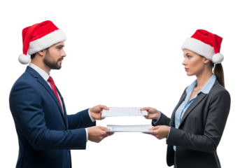 Business Professionals in Santa Hats Exchanging Documents on White Background