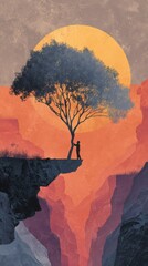 Human Connection with Nature — Silhouette of Man Hugging Tree under Orange Sun in Conceptual Environmental Artwork