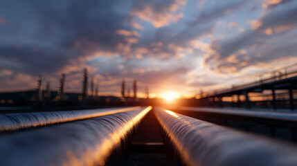 Sunset illuminates large industrial pipelines stretching towards the horizon under a cloudy sky with blurred refinery structures in the background