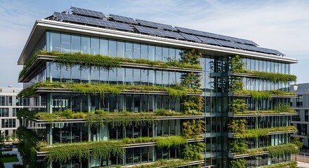 Modern sustainable office building with green walls and solar panels, showcasing eco-friendly architecture and environmental design