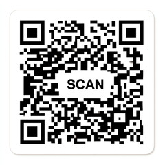 Black and white QR code with the word "SCAN" in the center, designed for quick digital scanning using mobile devices or QR readers