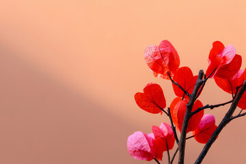 Branches adorned with red and pink heart-shaped leaves against a soft peach background, creating a minimalist and romantic atmosphere