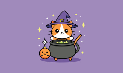 Witch Cat and Pumpkin Illustration
