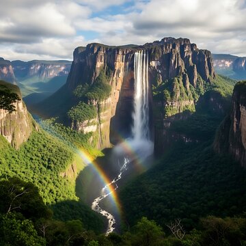 Angel Falls Majesty - A Breathtaking Waterfall and Rainbow Spectacle.