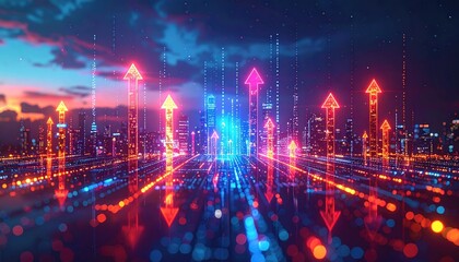 Futuristic Cityscape with Neon Arrows and Glowing Lights