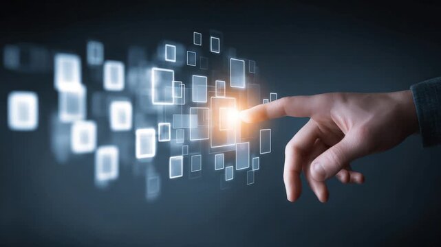 A finger touches a glowing square, illuminating a network of light squares