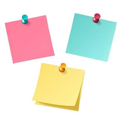 Three colorful sticky notes pinned on a transparent background isolated on transparent background